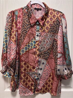 CQ by CQ patchwork blouse with 3/4 puffed sleeves button down size M